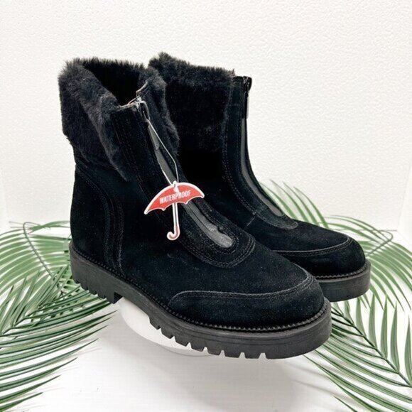 Blondo USA Hayden Hostel Black Leather Faux Fur Front Zip Snow Bootie Size 6M - Picture 1 of 11
